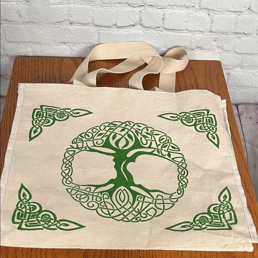 Canvas Tote Bag Celtic Knot Tree Of Life Design Large cream w/ Kelly Green
